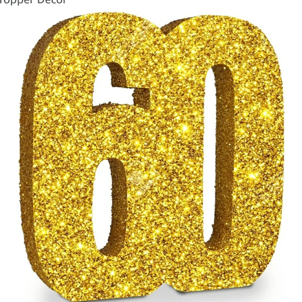 Two 8 inch Table top number 60 glitter gold numbers